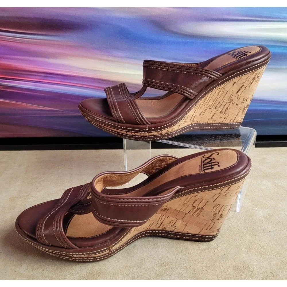 SOFFT Cork Wedge Heel Brown Leather Women's 6W Cutout Slip-On Platform Sandals